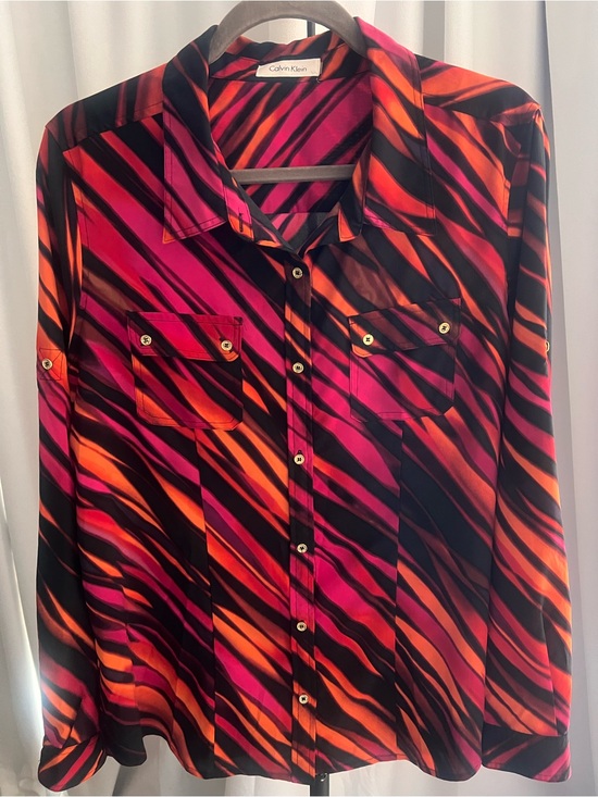Calvin Klein Tops - Calvin Klein Diagonal Stripe Button-Front Shirt — Fuchsia, Orange & Black